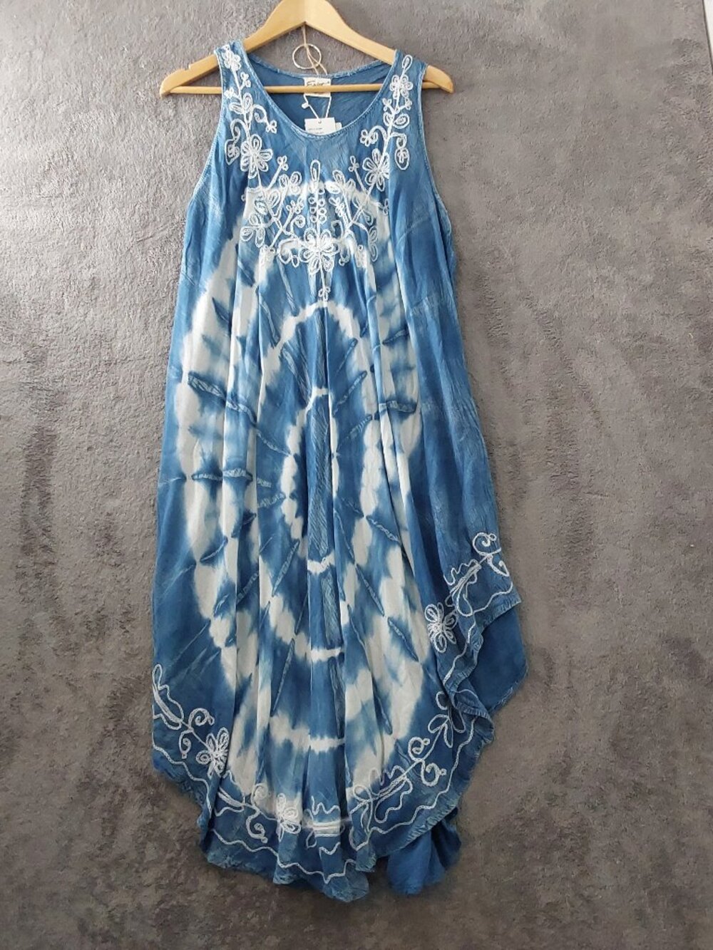 Exist Blue Tie Dye Embroidered Boho Midi Dress One Size NWT High Low Hem